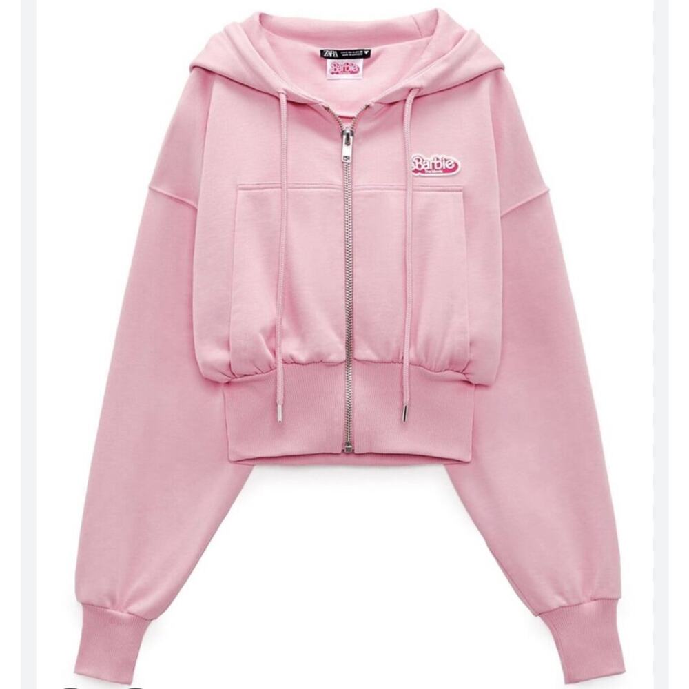 Zara X Barbie The Movie Pink Sweatshirt Cropped Hoodie Size Small New W/out Tag
